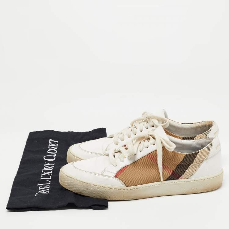 Pre Owned Burberry White Leather and House Check Canvas Low Top Sneakers Size 39.5