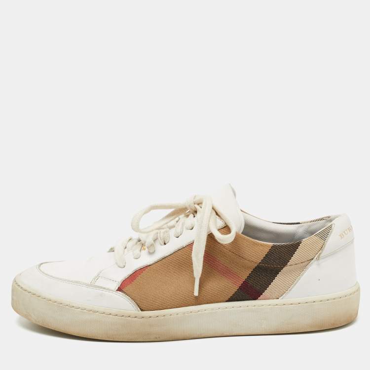 Pre Owned Burberry White Leather and House Check Canvas Low Top Sneakers Size 39.5