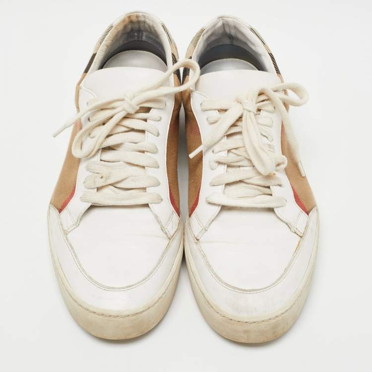 Pre Owned Burberry White Leather and House Check Canvas Low Top Sneakers Size 39.5