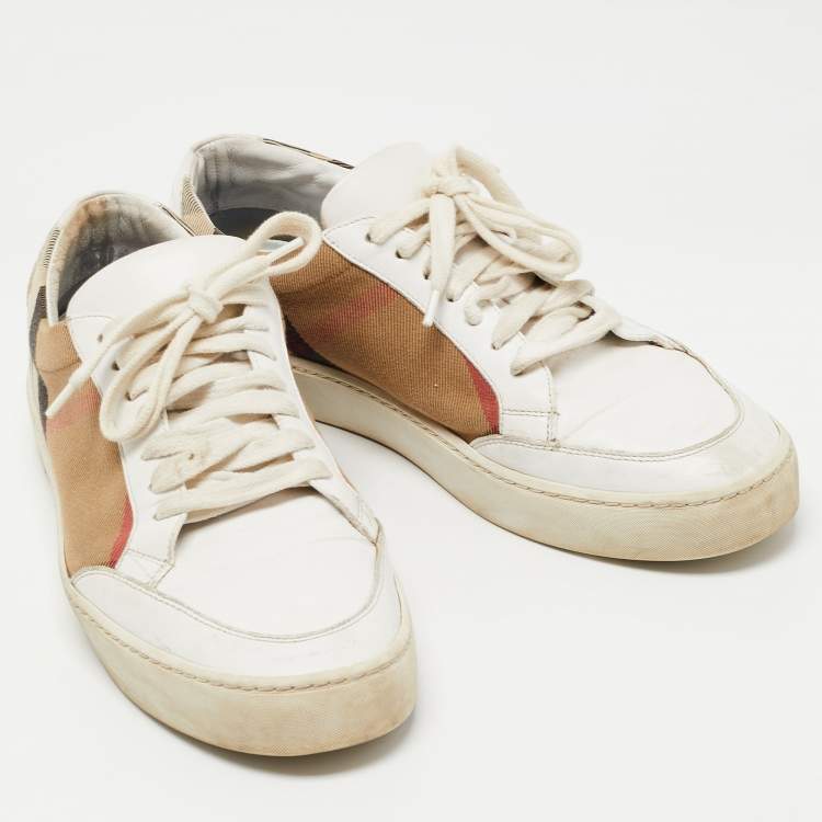 Pre Owned Burberry White Leather and House Check Canvas Low Top Sneakers Size 39.5
