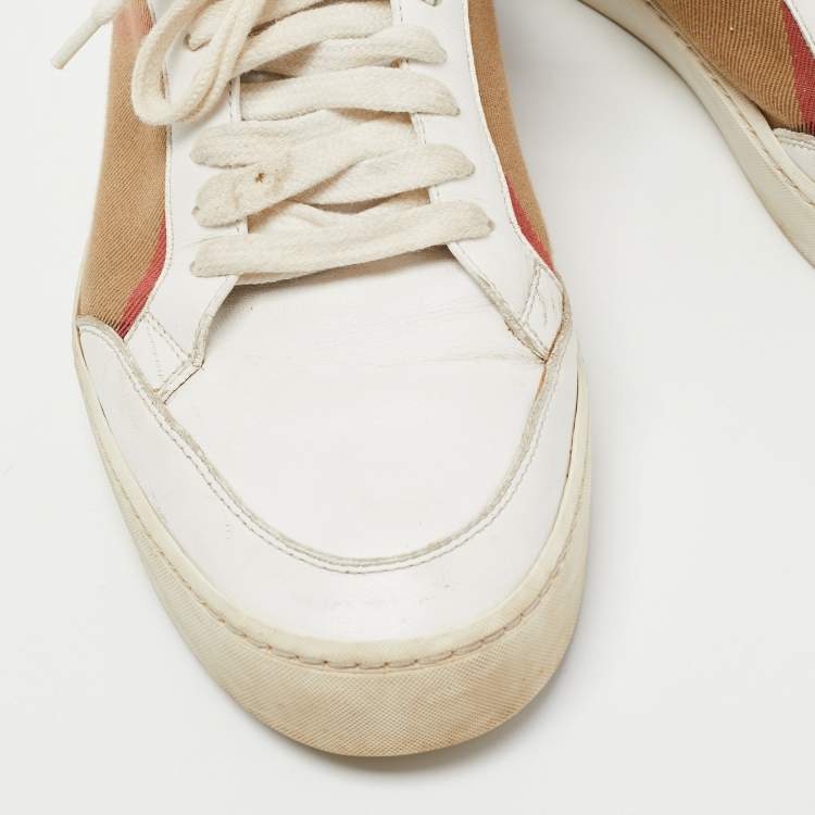 Pre Owned Burberry White Leather and House Check Canvas Low Top Sneakers Size 39.5