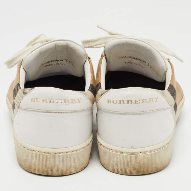 Pre Owned Burberry White Leather and House Check Canvas Low Top Sneakers Size 39.5