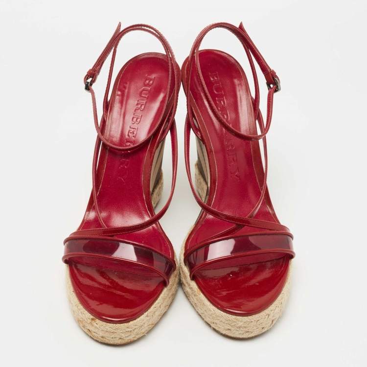 Pre Owned Burberry Burgundy Patent and PVC Espadrille Wedge Sandals Size 41