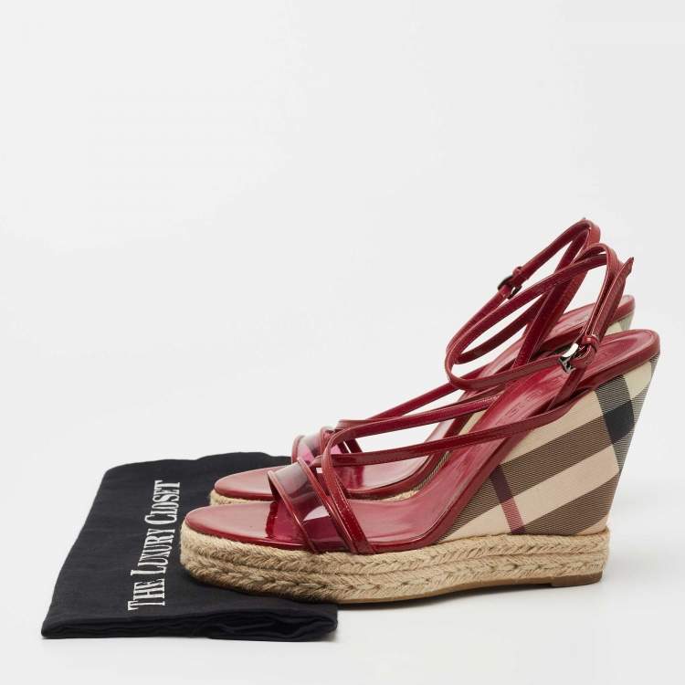 Pre Owned Burberry Burgundy Patent and PVC Espadrille Wedge Sandals Size 41