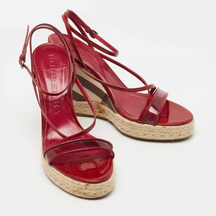 Pre Owned Burberry Burgundy Patent and PVC Espadrille Wedge Sandals Size 41