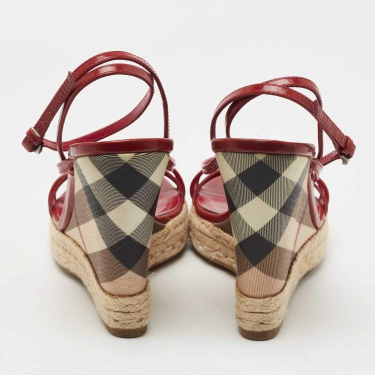Pre Owned Burberry Burgundy Patent and PVC Espadrille Wedge Sandals Size 41