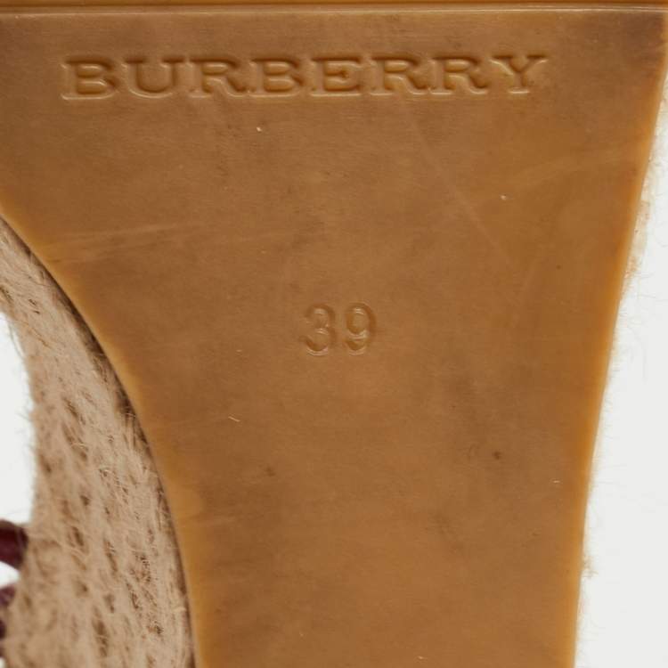 Pre Owned Burberry Pink Patent And House Check Canvas Wedge Espadrille Sandals Size 39