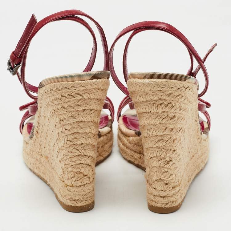 Pre Owned Burberry Pink Patent And House Check Canvas Wedge Espadrille Sandals Size 39