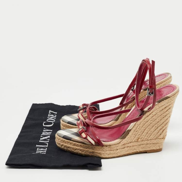 Pre Owned Burberry Pink Patent And House Check Canvas Wedge Espadrille Sandals Size 39
