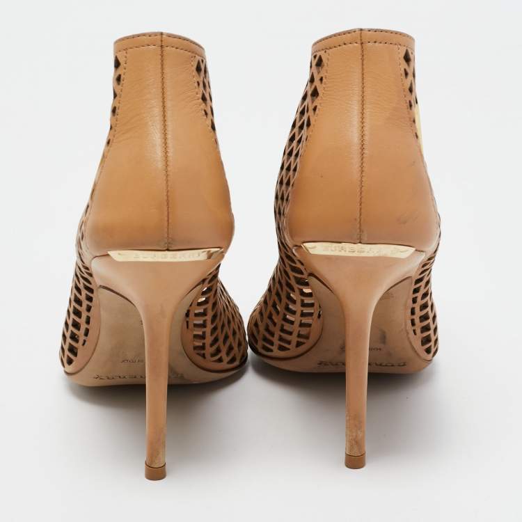 Pre Owned Burberry Beige Leather Barmby Cut Out Open Toe Booties Size 35