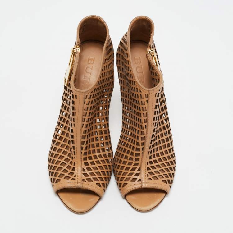 Pre Owned Burberry Beige Leather Barmby Cut Out Open Toe Booties Size 35
