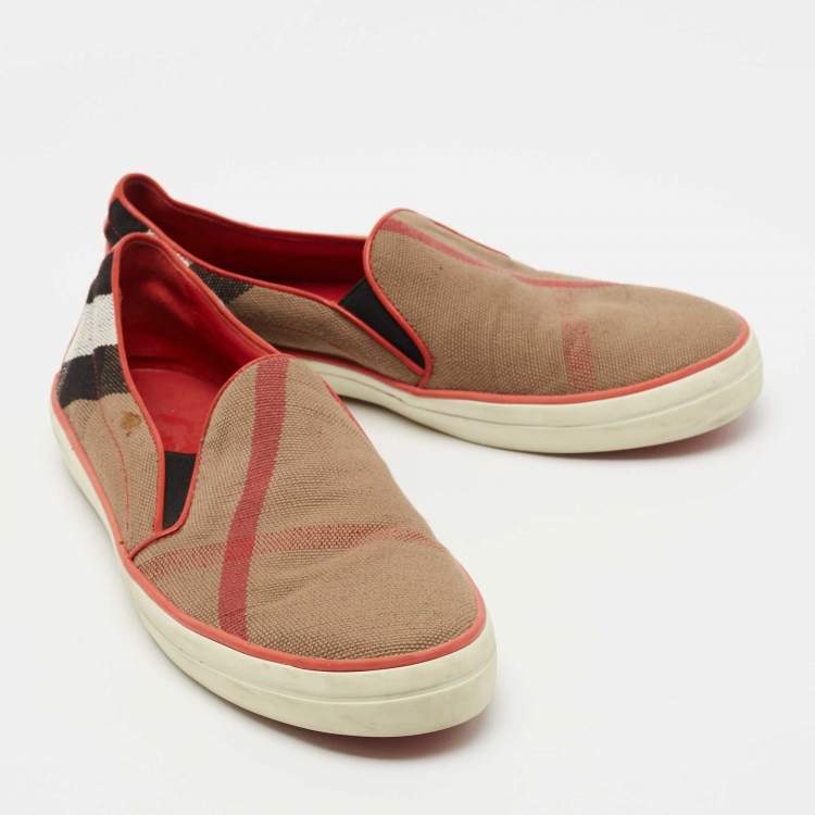 Pre Owned Burberry Brown Nova Check Canvas and Leather Gauden Slip On Sneakers Size 40