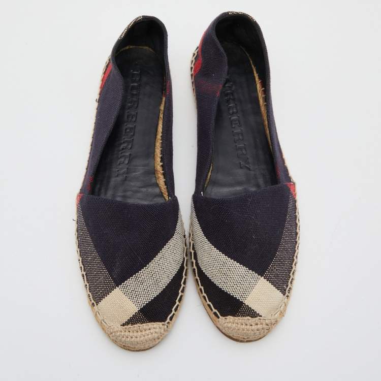 Pre Owned Burberry Navy Blue Nova Check Canvas Espadrille Flats Size 38