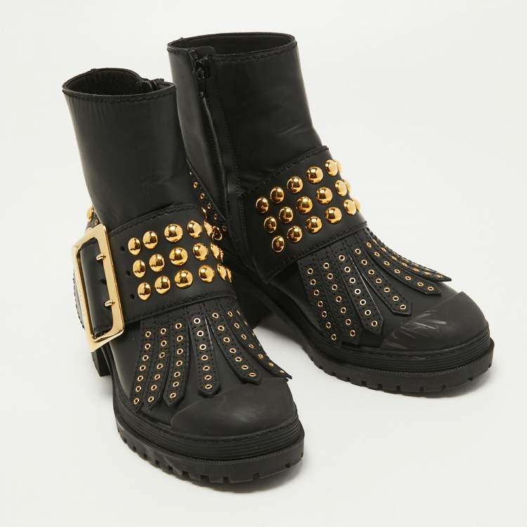 Pre Owned Burberry Black Leather Studded Whitchester Ankle Boots Size 38