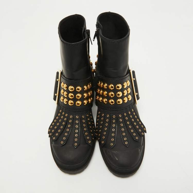 Pre Owned Burberry Black Leather Studded Whitchester Ankle Boots Size 38