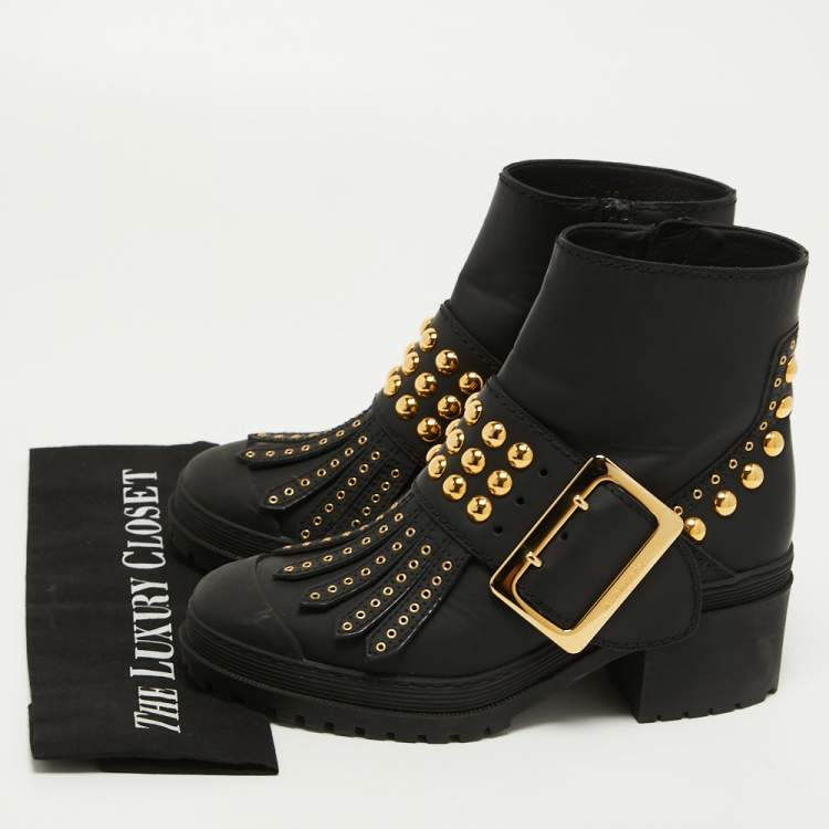 Pre Owned Burberry Black Leather Studded Whitchester Ankle Boots Size 38