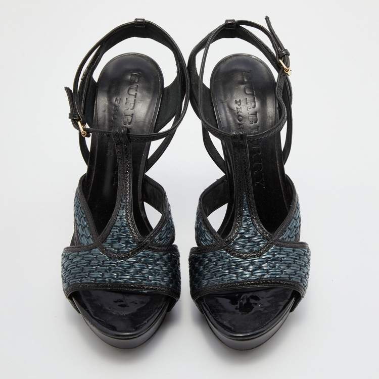مملوكة مسبقًا Burberry Black/Green Leather and Woven Raffia T-Strap Platform Sandals Size 40