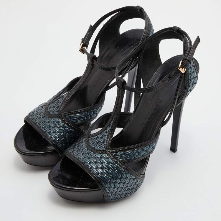 مملوكة مسبقًا Burberry Black/Green Leather and Woven Raffia T-Strap Platform Sandals Size 40