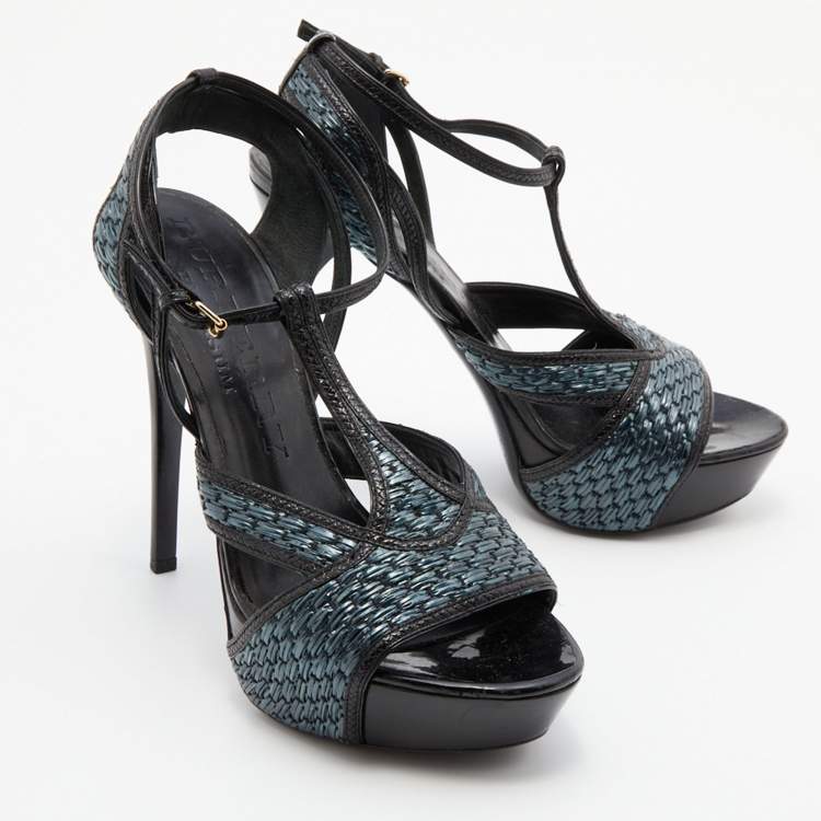 مملوكة مسبقًا Burberry Black/Green Leather and Woven Raffia T-Strap Platform Sandals Size 40