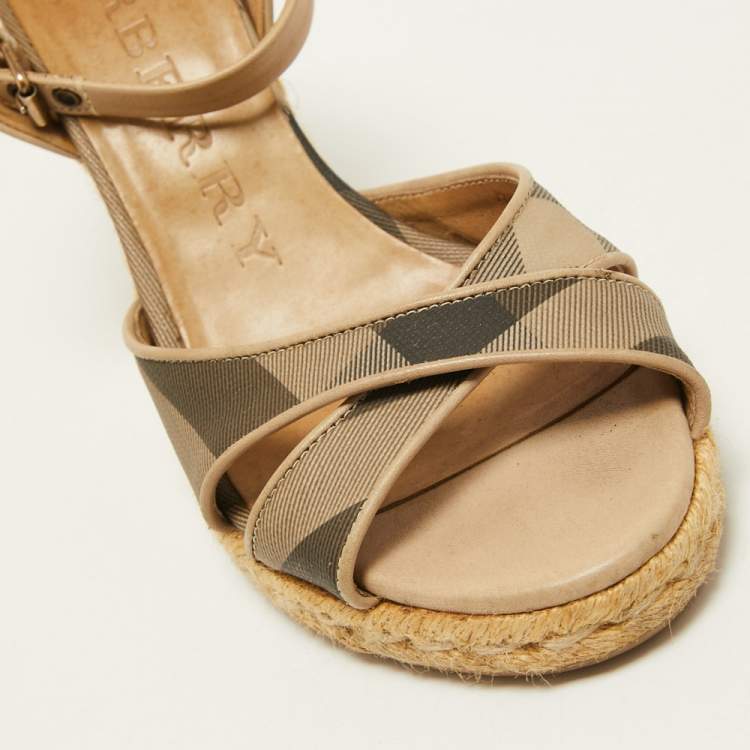 Pre Owned Burberry Beige/Grey House Check Canvas and Leather Espadrille Wedge Sandals Size 37