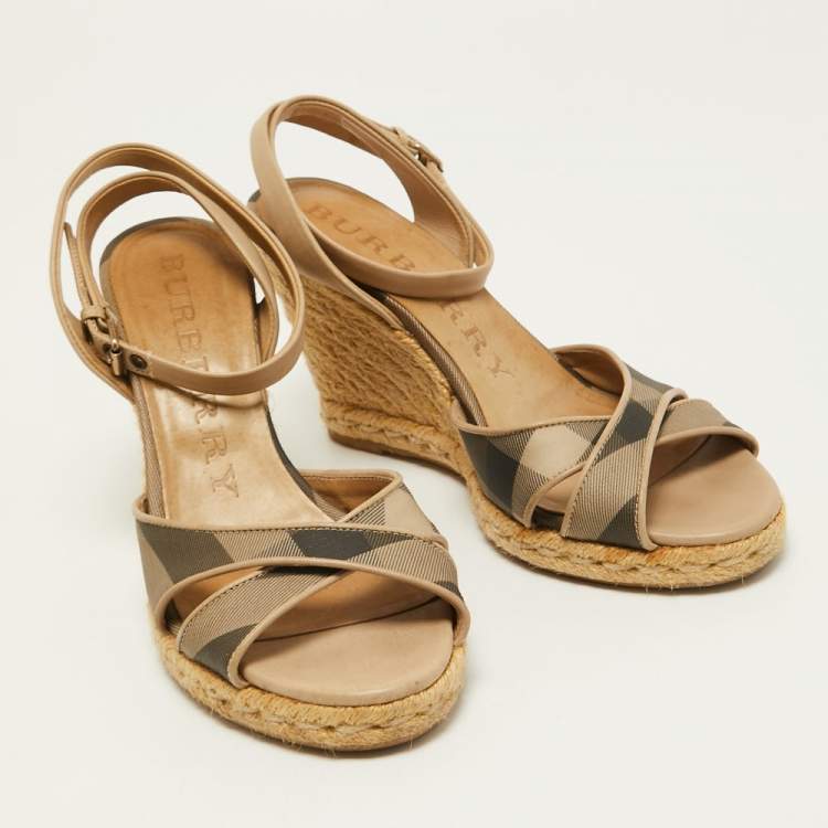 Pre Owned Burberry Beige/Grey House Check Canvas and Leather Espadrille Wedge Sandals Size 37