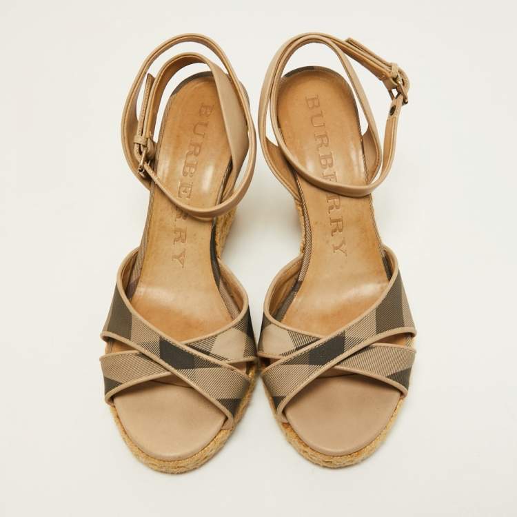 Pre Owned Burberry Beige/Grey House Check Canvas and Leather Espadrille Wedge Sandals Size 37