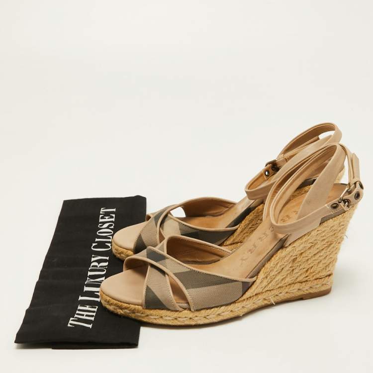 Pre Owned Burberry Beige/Grey House Check Canvas and Leather Espadrille Wedge Sandals Size 37