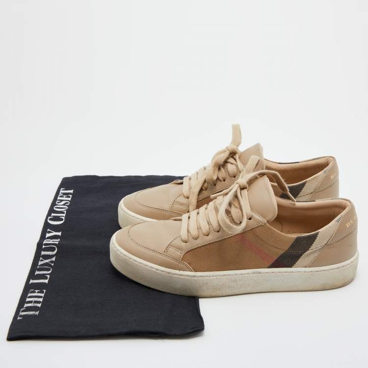 Pre Owned Burberry Beige Nova Check Canvas and Leather Low Top Sneakers Size 35.5