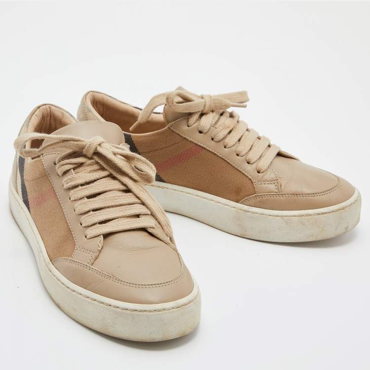 Pre Owned Burberry Beige Nova Check Canvas and Leather Low Top Sneakers Size 35.5