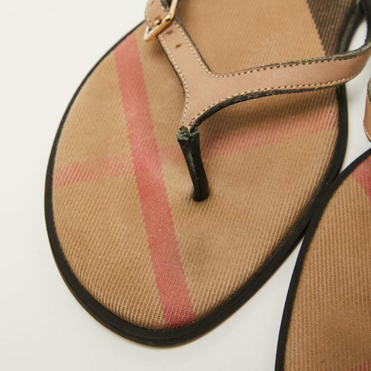 Pre Owned Burberry Brown Leather Thong Flats Size 37