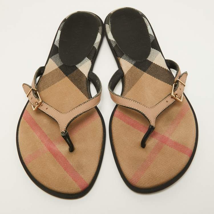 Pre Owned Burberry Brown Leather Thong Flats Size 37