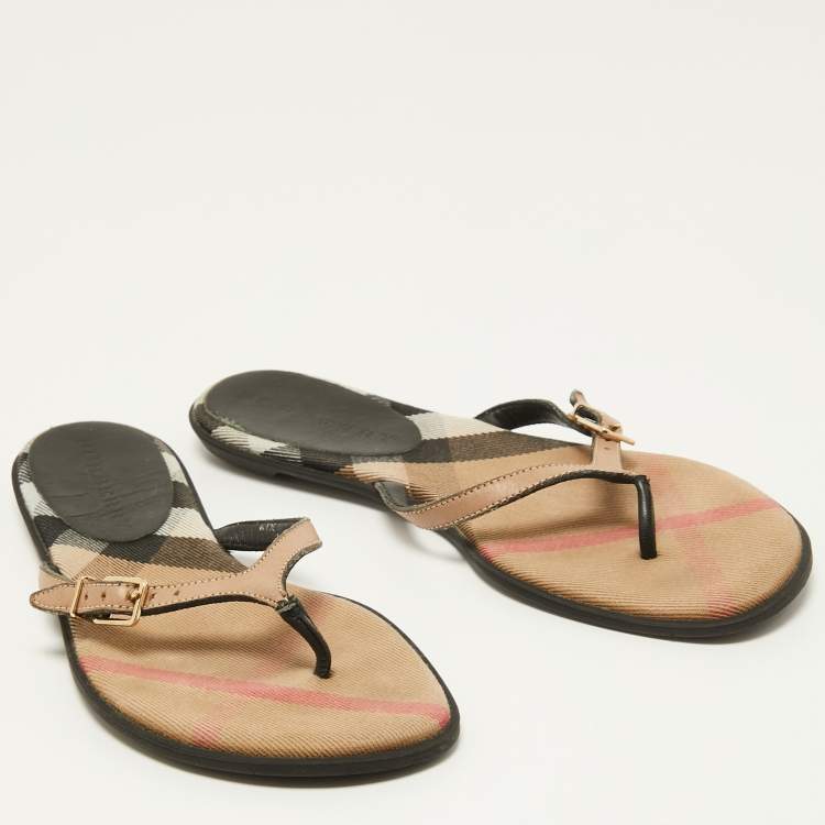Pre Owned Burberry Brown Leather Thong Flats Size 37