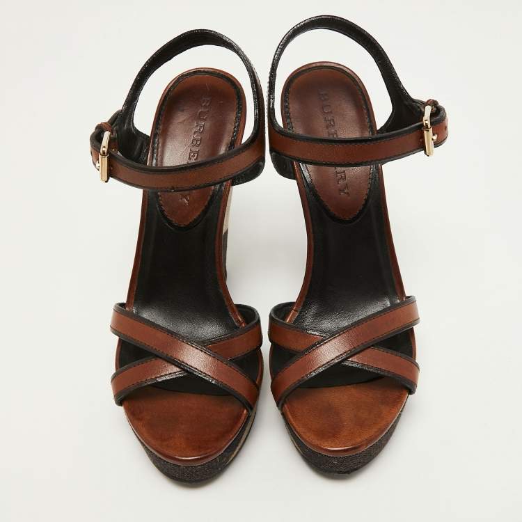 Pre Owned Burberry Brown Check Canvas and  Leather Warlow Platform Wedge Sandals Size 37
