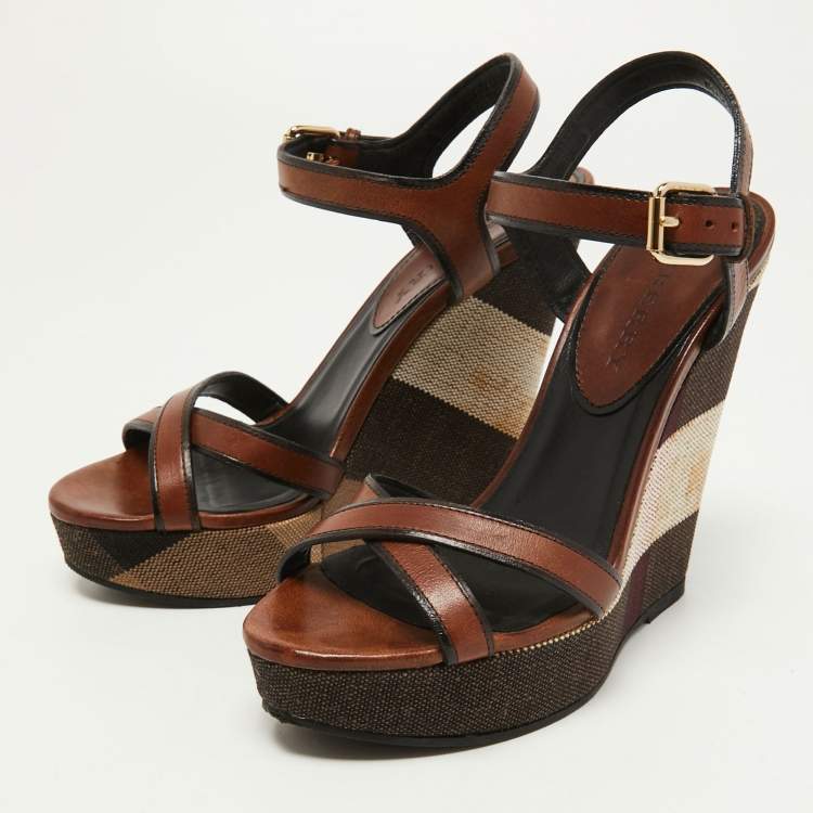 Pre Owned Burberry Brown Check Canvas and  Leather Warlow Platform Wedge Sandals Size 37