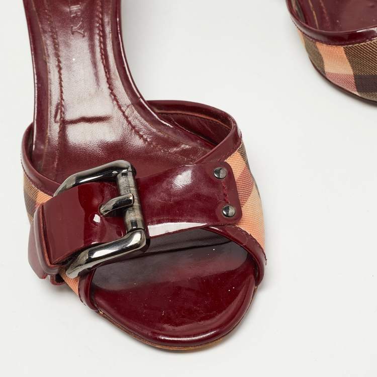 Pre Owned Burberry Burgundy/Beige Nova Check Canvas And Patent Slide Sandals Size 38