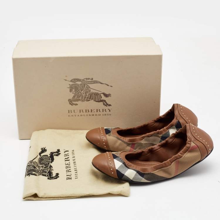Pre Owned Burberry  Brown Leather and Nova Check Canvas Studded Scrunch Ballet Flats Size 36.5
