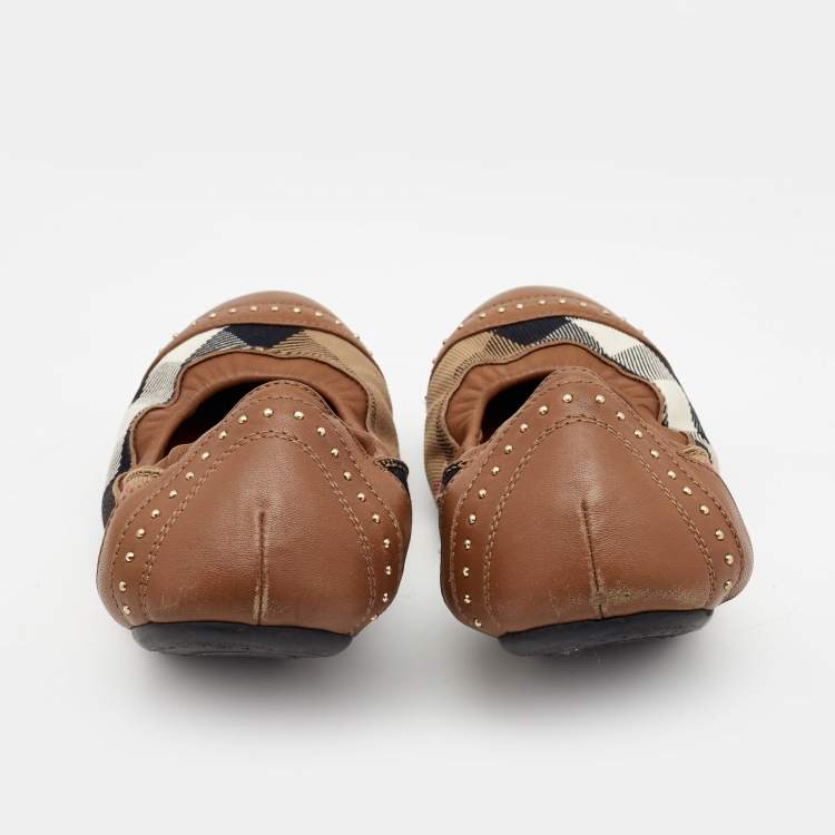 Pre Owned Burberry  Brown Leather and Nova Check Canvas Studded Scrunch Ballet Flats Size 36.5