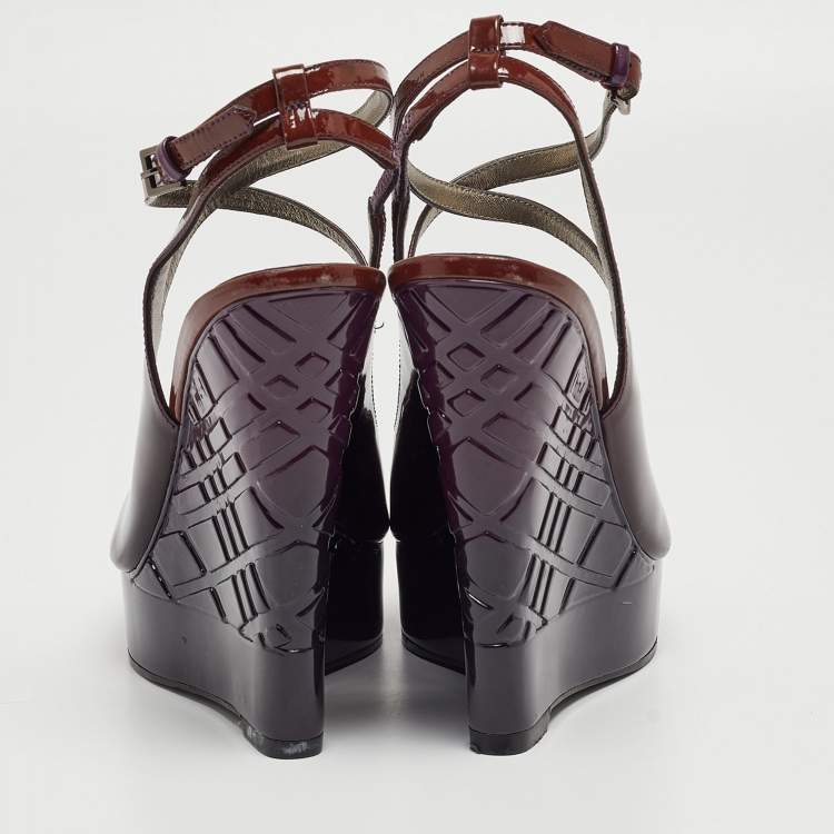 Pre Owned Burberry Purple Patent Leather Platform Wedge Sandals Size 36