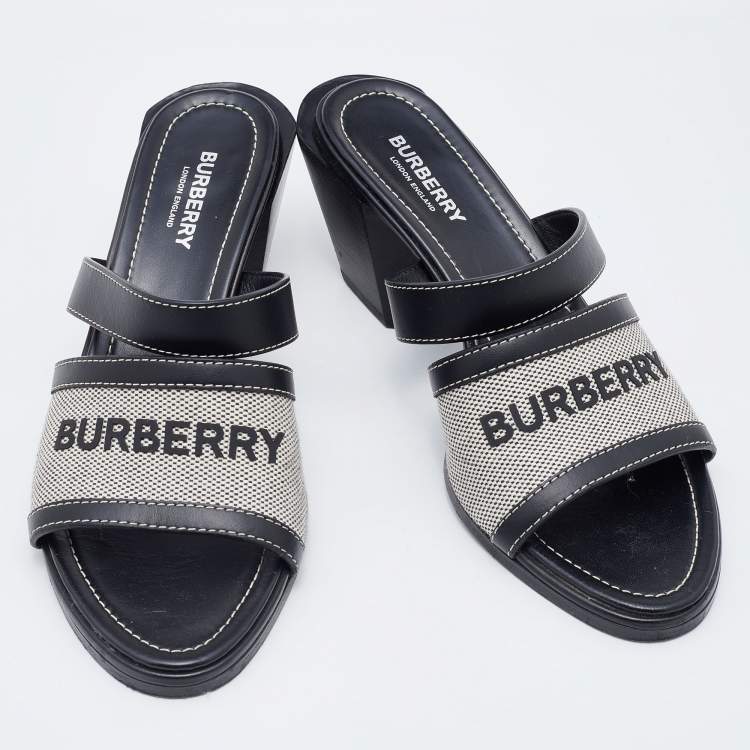 مملوكة مسبقًا Burberry Grey/Black Canvas and Leather Honour Heel Slide Sandals Size 38