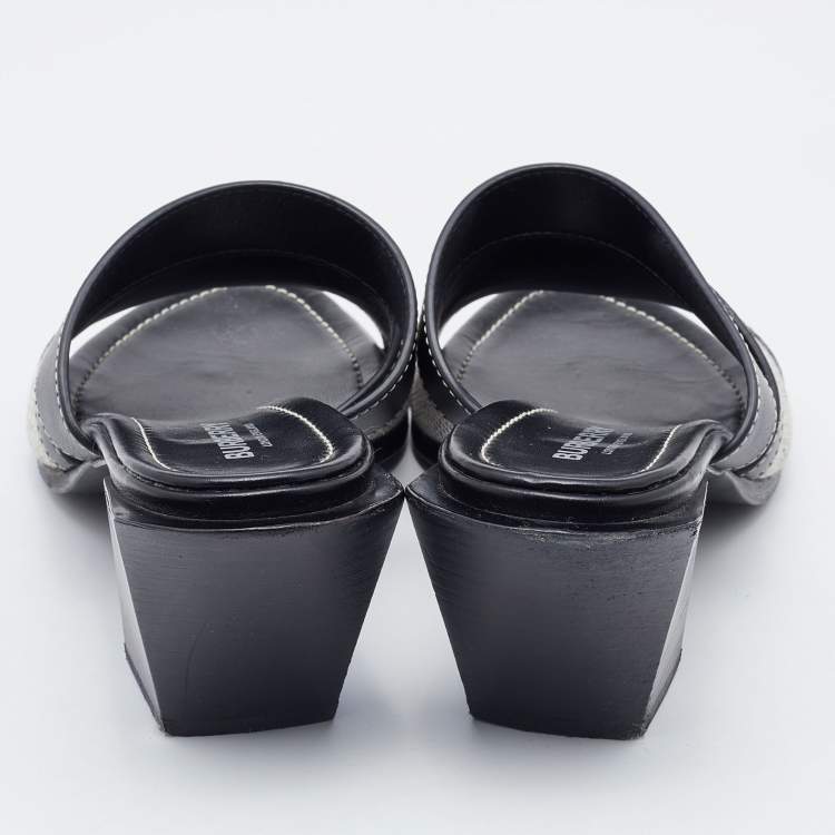مملوكة مسبقًا Burberry Grey/Black Canvas and Leather Honour Heel Slide Sandals Size 38