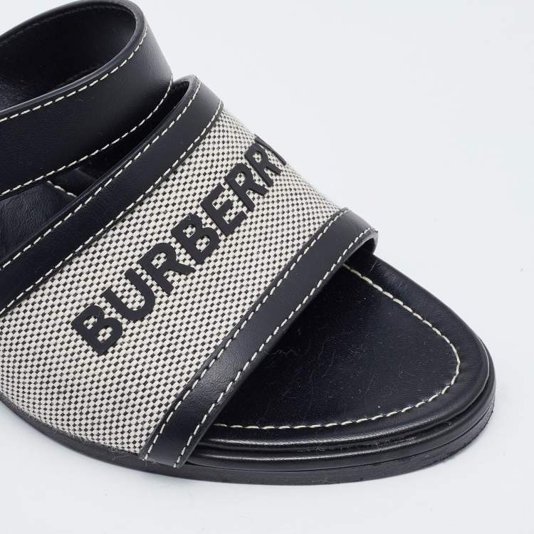 مملوكة مسبقًا Burberry Grey/Black Canvas and Leather Honour Heel Slide Sandals Size 38