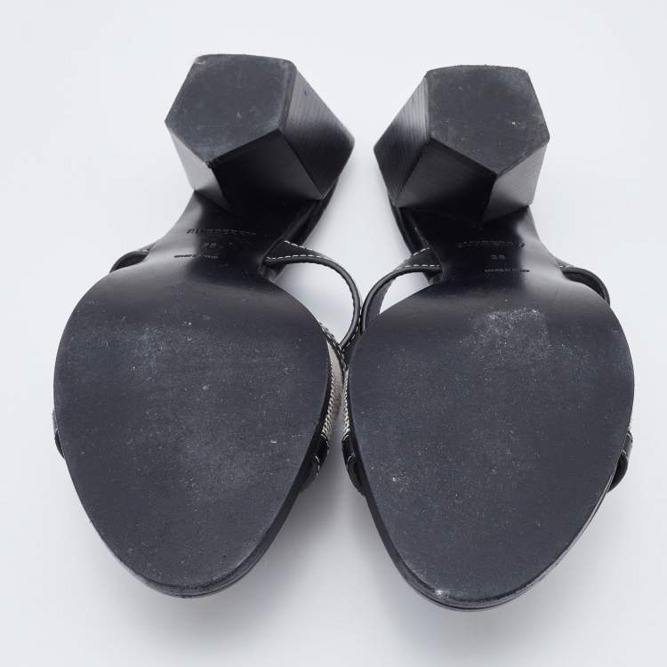 مملوكة مسبقًا Burberry Grey/Black Canvas and Leather Honour Heel Slide Sandals Size 38