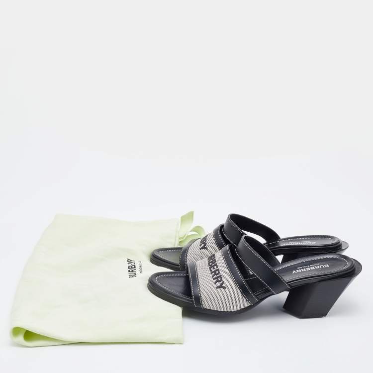 مملوكة مسبقًا Burberry Grey/Black Canvas and Leather Honour Heel Slide Sandals Size 38