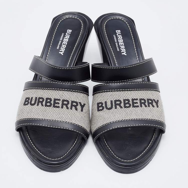 مملوكة مسبقًا Burberry Grey/Black Canvas and Leather Honour Heel Slide Sandals Size 38