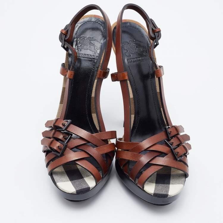 Pre Owned Burberry Brown Leather Strap Sandals Size 38