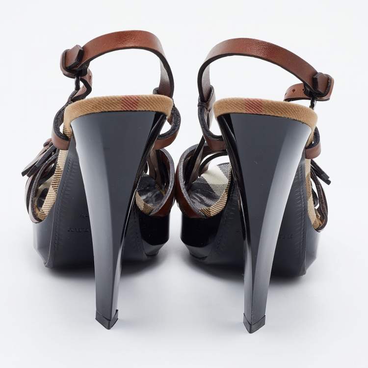 Pre Owned Burberry Brown Leather Strap Sandals Size 38