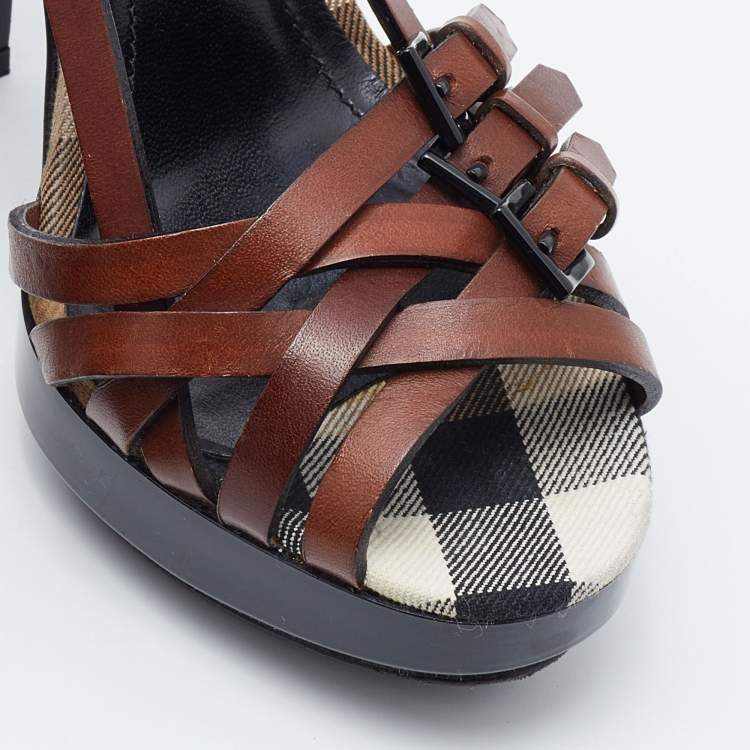 Pre Owned Burberry Brown Leather Strap Sandals Size 38