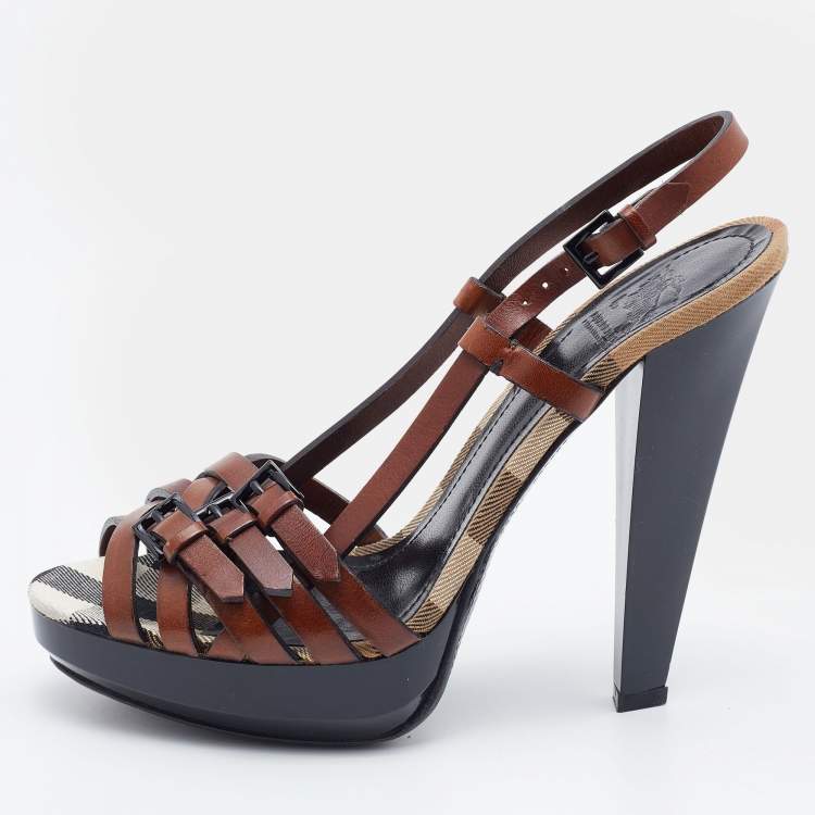 Pre Owned Burberry Brown Leather Strap Sandals Size 38