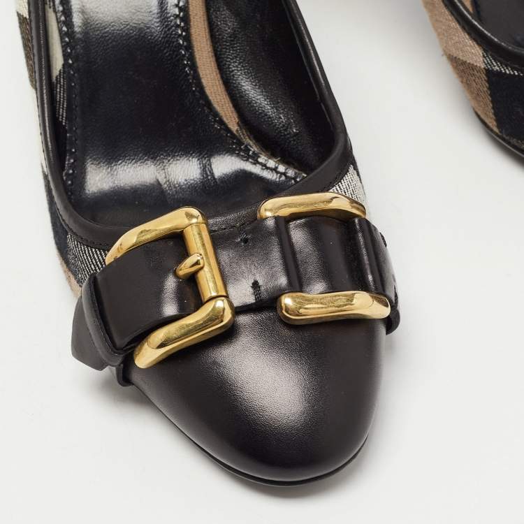 Pre Owned Burberry Black/Brown Leather and Nova Check Canvas Buckle Pumps Size 36