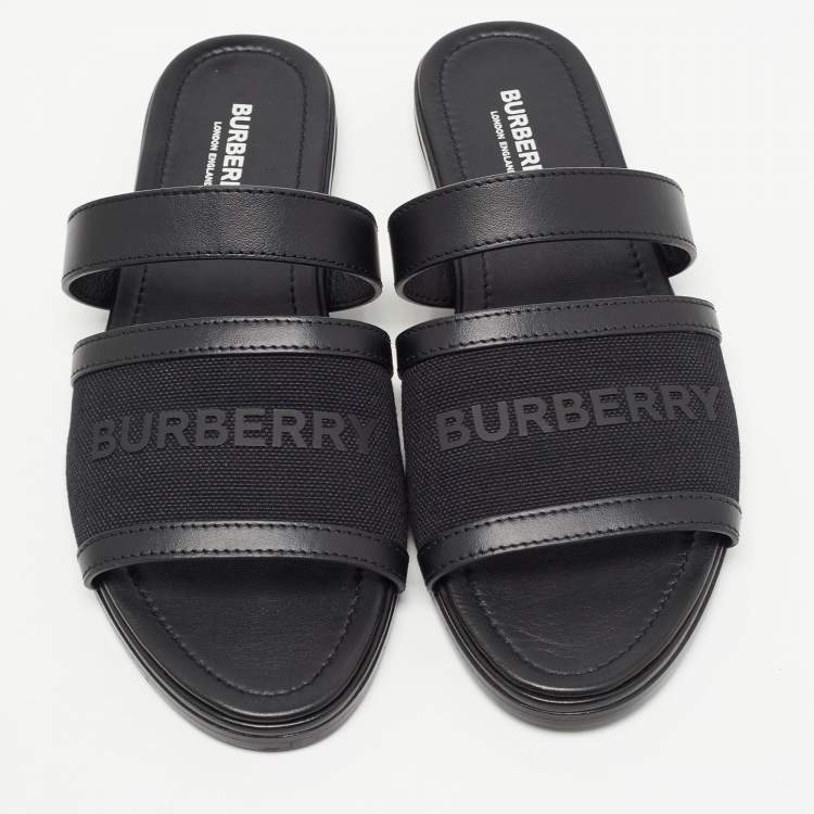 Pre Owned Burberry Black Canvas And Leather Flat Slides Size 38